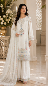 Ivory chiffon embroidered 3 piece Pakistani suit
