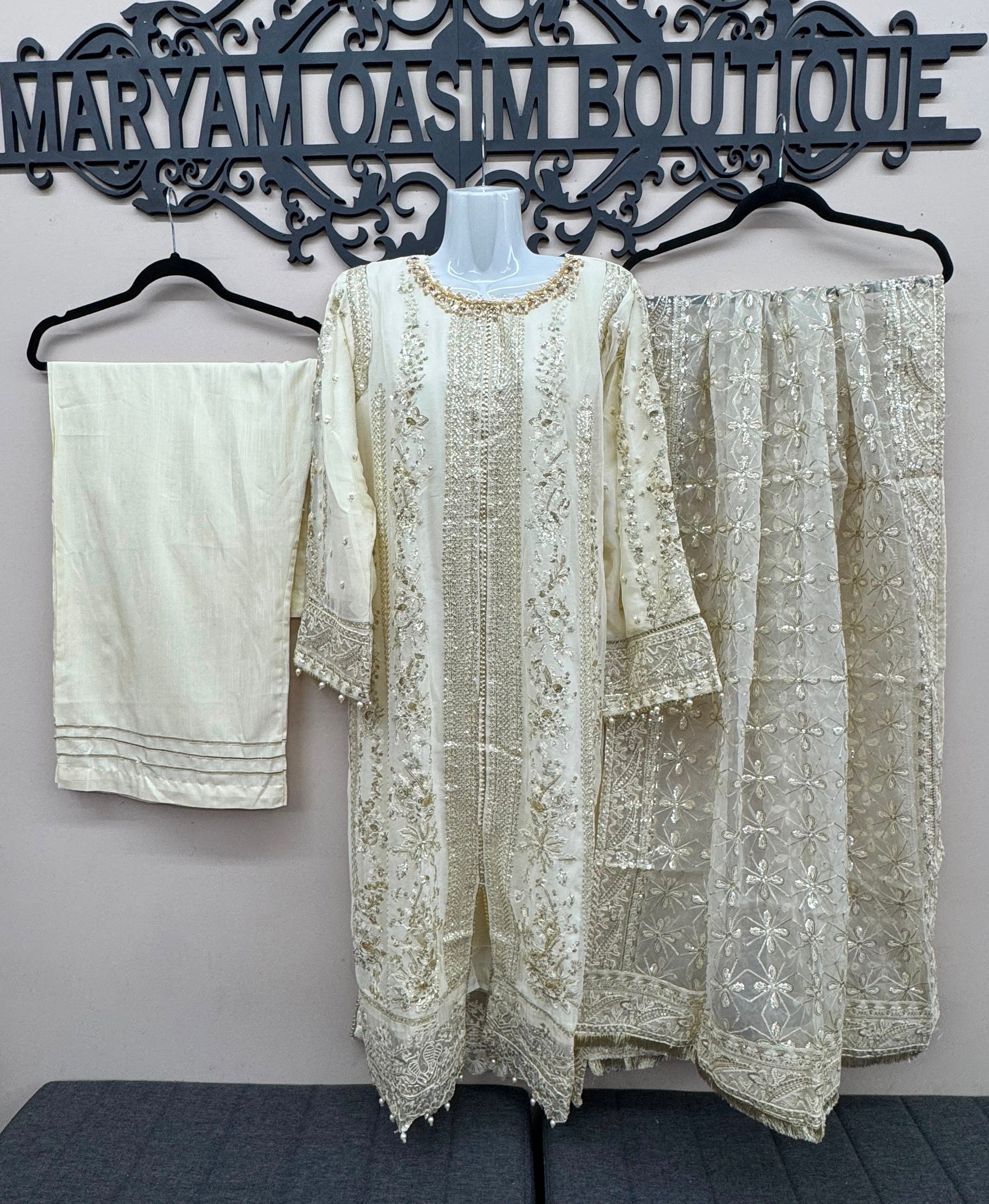 Ivory cream Pakistani wedding suit with embroidered front in Canada.