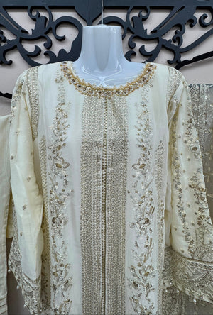 Ivory cream Pakistani wedding suit with embroidered detail