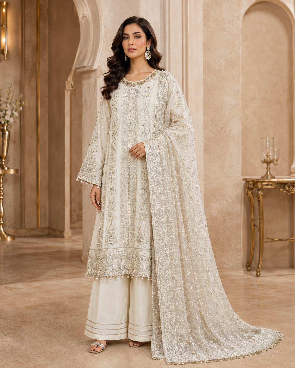 Ivory cream gold embroidered Pakistani 3-piece suit in Canada