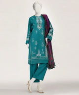 J. Teal Green Lawn Paste Printed 3-Piece Stitched Suit