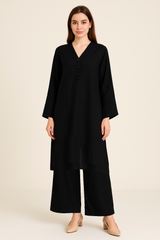 2-Piece Jet Black Palazzo Suit – Plain Shirt & Wide-Leg Pants | Lining Fabric