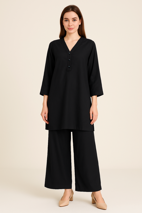 2-Piece Jet Black Palazzo Suit – Plain Shirt & Wide-Leg Pants | Lining Fabric