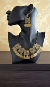 Antique Gold Tone Multi-Color Stone Coin Necklace and Earring Set