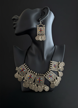 Silver Tone Multi-Color Enamel Coin Necklace and Earring Set