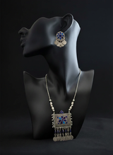 Boho Tribal Blue Enamel Pendant Necklace & Coin Dangle Earrings Set