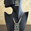 Silver Tone Green Enamel Square Pendant Necklace with Matching Earrings