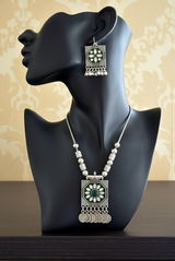 Silver Tone Green Enamel Square Pendant Necklace with Matching Earrings