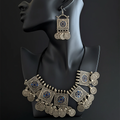 Oxidized Silver Tone Tribal Coin Choker Necklace & Earring Set
