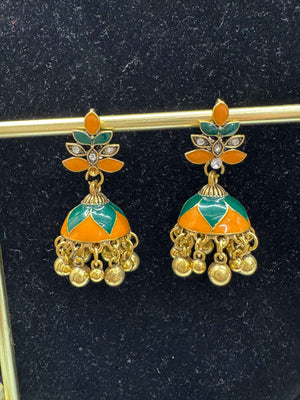 Orange & Green Traditional Jhumki Earrings for Women