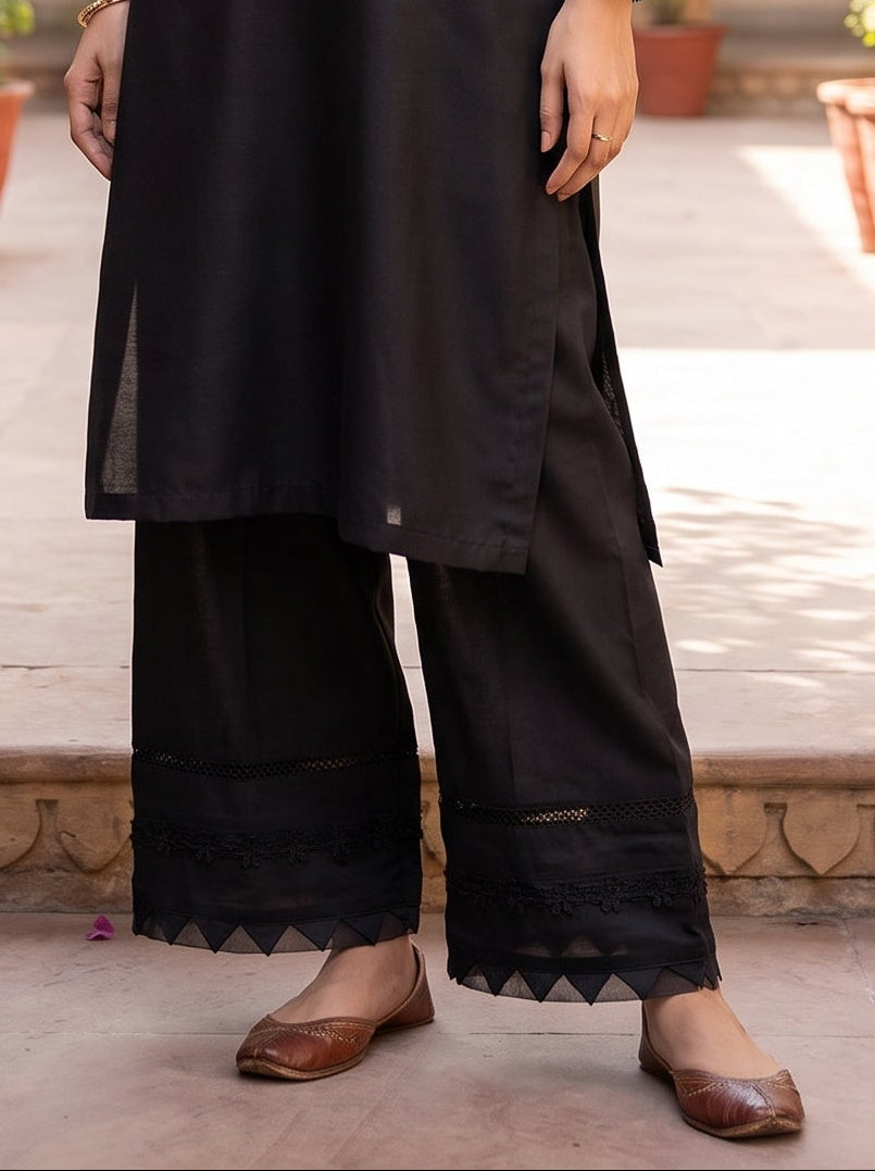Khaadi black cotton trouser with triangle cutwork hem