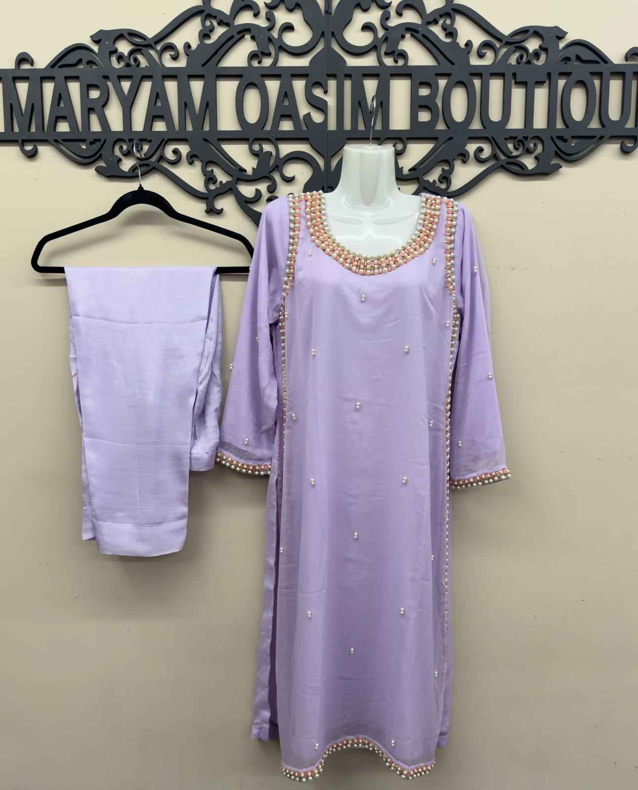 Maryam Qasim Boutique Lavender Chiffon Handwork 3 Piece Dress