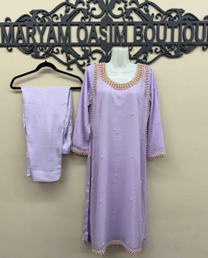 Maryam Qasim Boutique Lavender Chiffon Handwork 3 Piece Dress