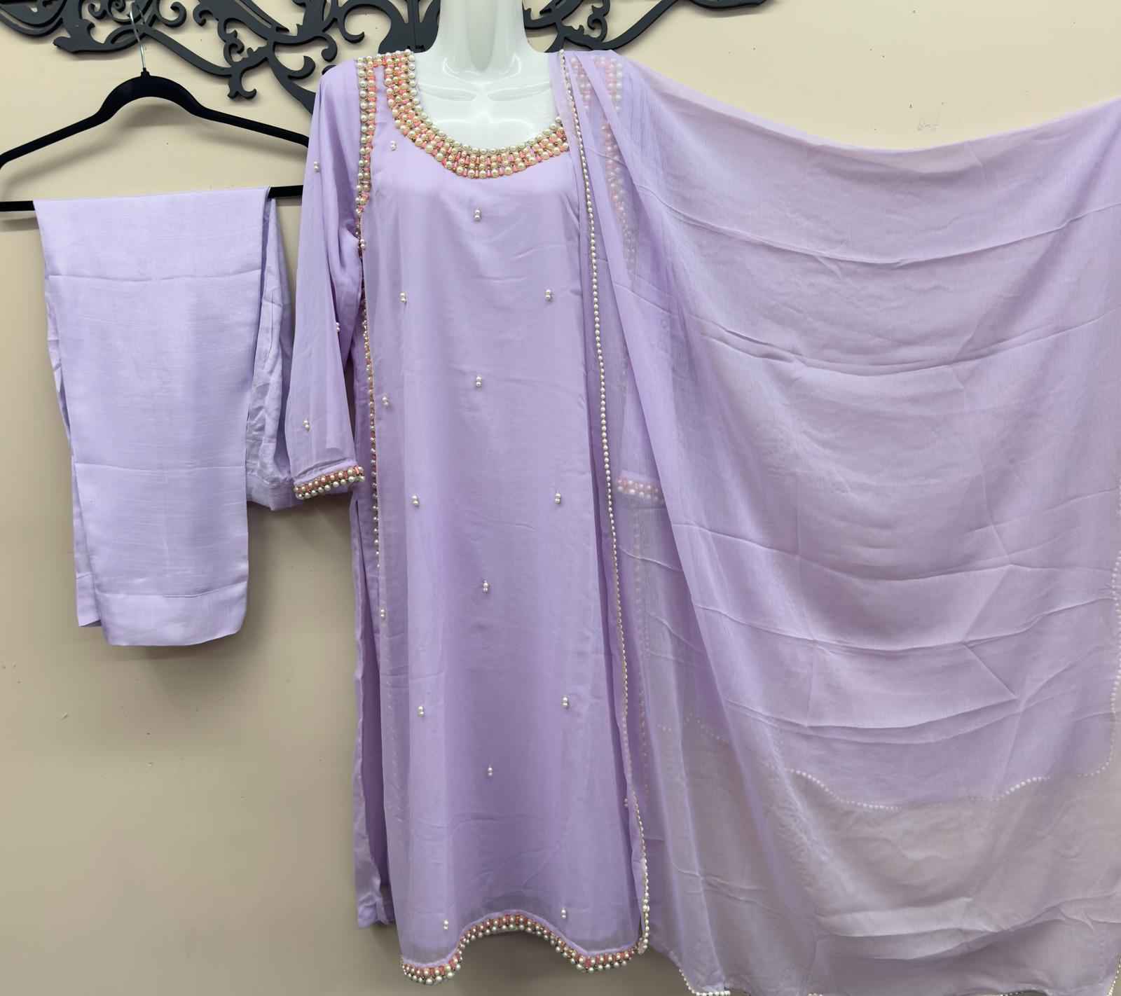 Maryam Qasim Boutique Lavender Chiffon Handwork 3 Piece Dress