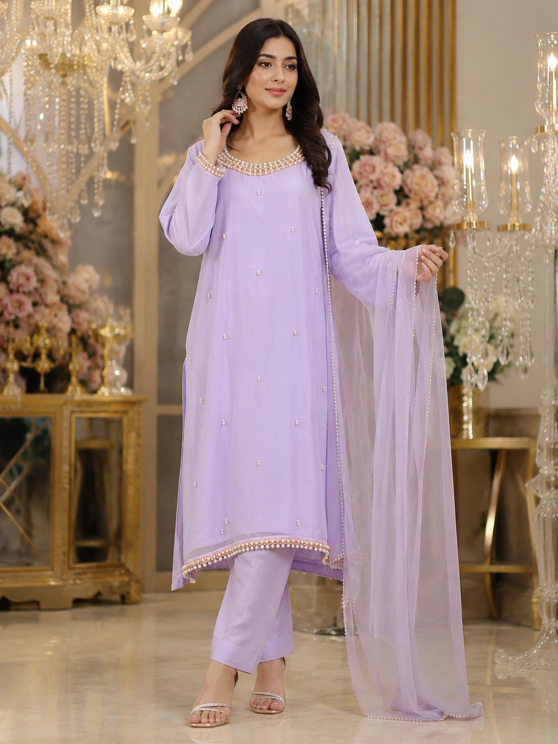 Lavender chiffon handwork Pakistani dress with chiffon dupatta and trousers
