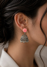 Baby Pink Stone Silver Jhumka Earrings – Traditional Pakistani Jewelry