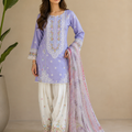 Light purple embroidered cotton 3 piece Pakistani suit with embroidered shalwar and voile zari dupatta