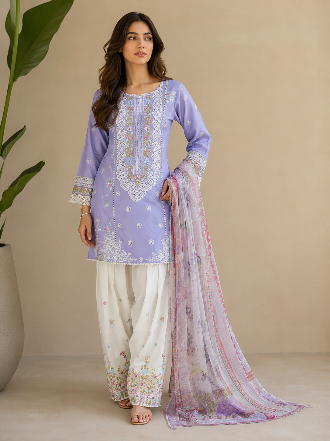 Light purple embroidered cotton 3 piece Pakistani suit with embroidered shalwar and voile zari dupatta