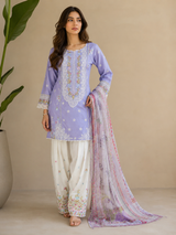 Light purple embroidered cotton 3 piece Pakistani suit with embroidered shalwar and voile zari dupatta