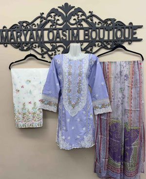 Light purple embroidered cotton 3 piece Pakistani suit with embroidered shalwar and voile zari dupatta