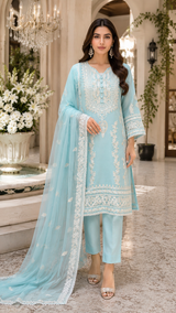 Light Aqua Chiffon Aari Embroidered 3-Piece Pakistani Suit