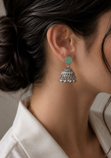 Light Green Stone Silver Jhumka Earrings – Traditional Pakistani Jewelry