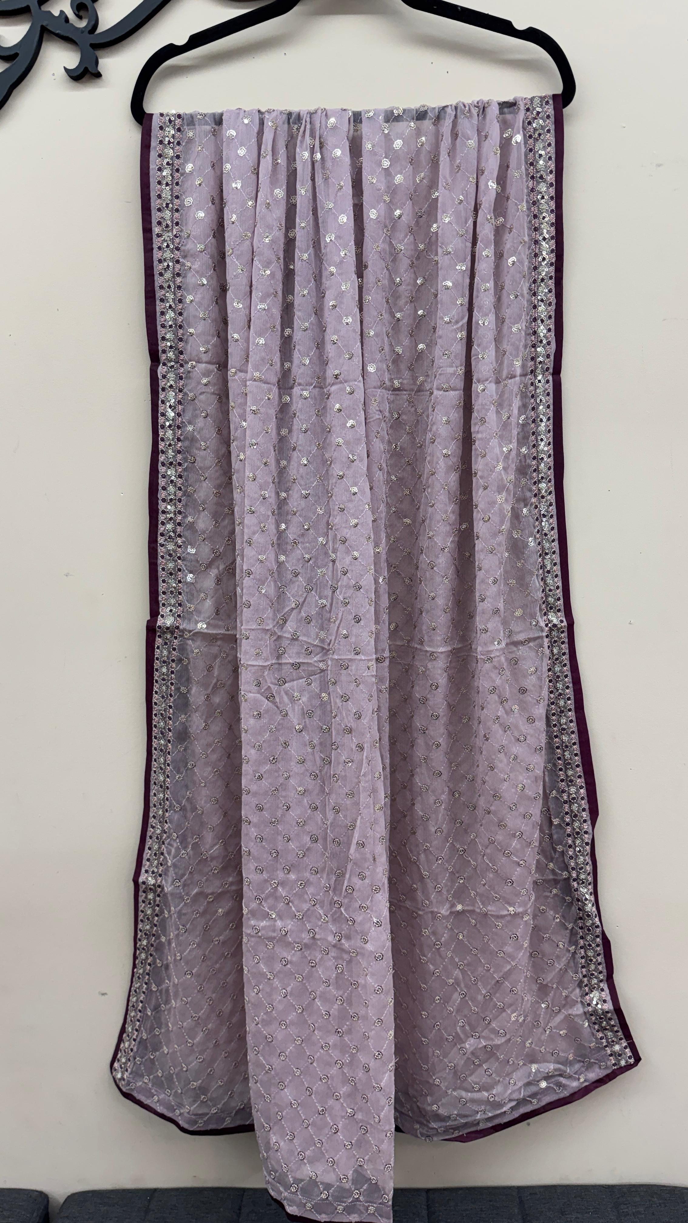 Lilac Pakistani Eid dress with sequined chiffon dupatta
