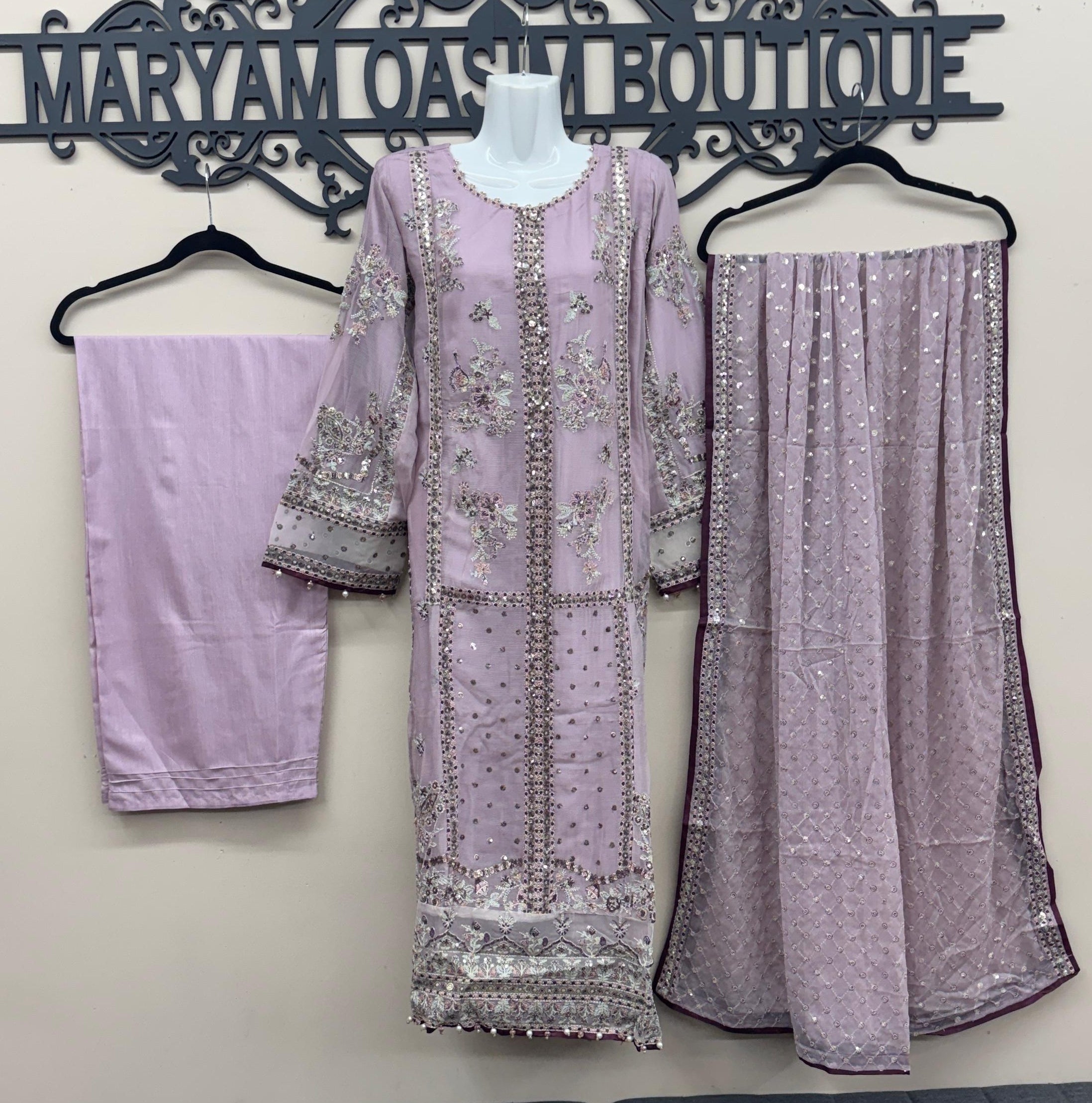 Lilac Pakistani dress with embroidered chiffon shirt and dupatta