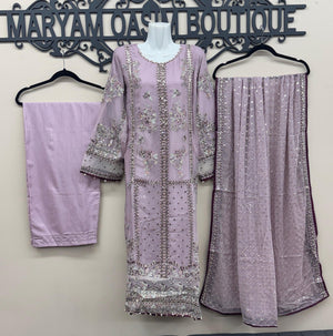 Lilac Pakistani dress with embroidered chiffon shirt and dupatta