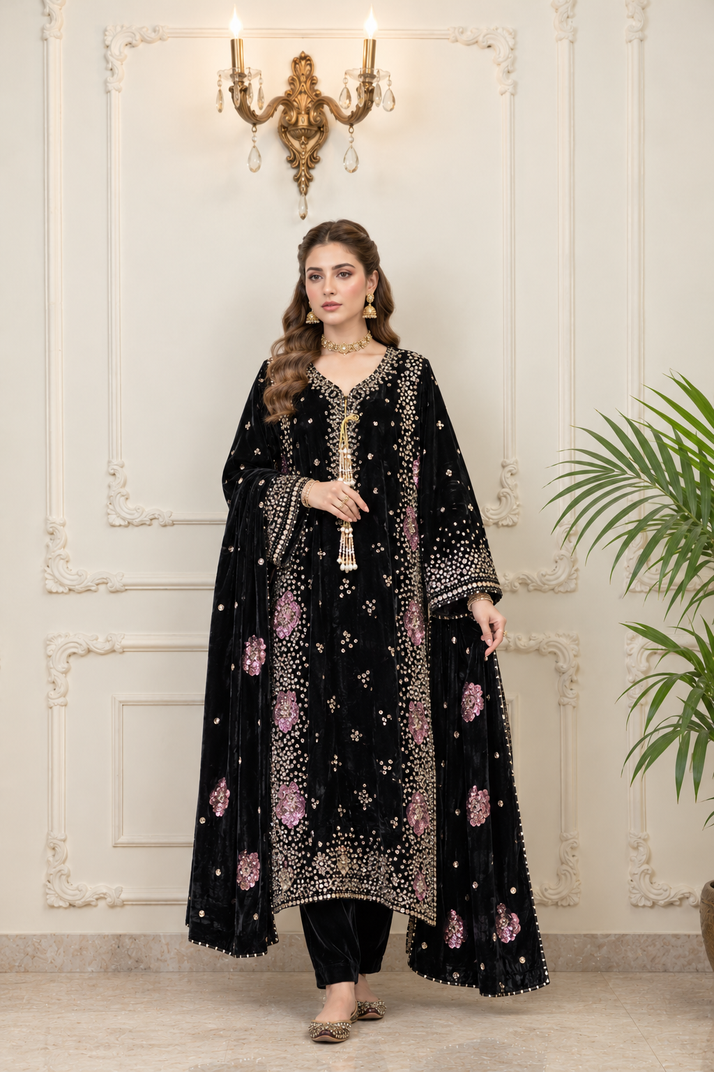 Black Embroidered Velvet Kaftan 3 Piece Suit