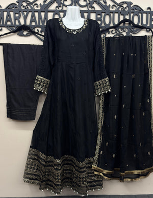 Luxury black 3 piece embroidered maxi dress with matching trousers and embellished dupatta by Maryam Qasim Boutique.