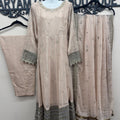 Luxury blush pink 3 piece embroidered maxi dress with matching trousers and embellished dupatta by Maryam Qasim Boutique, elegant Pakistani formal wear for weddings and festive occasions.