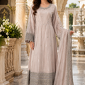 Luxury blush pink 3 piece embroidered maxi dress with matching trousers and embellished dupatta by Maryam Qasim Boutique, elegant Pakistani formal wear for weddings and festive occasions.