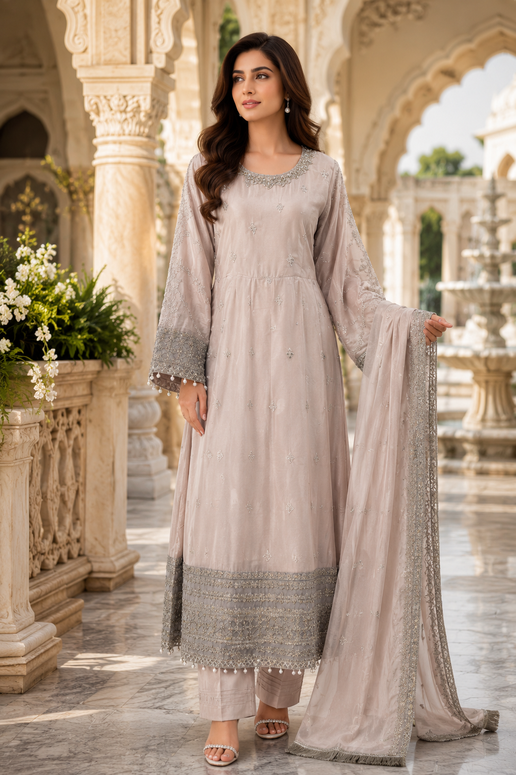 Luxury blush pink 3 piece embroidered maxi dress with matching trousers and embellished dupatta by Maryam Qasim Boutique, elegant Pakistani formal wear for weddings and festive occasions.