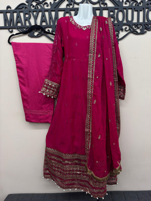 Luxury deep pink 3 piece embroidered maxi dress with matching trousers and embellished dupatta by Maryam Qasim Boutique, elegant Pakistani formal wear for weddings, Eid, parties, and festive occasions in Canada