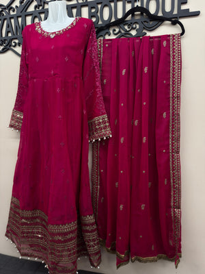 Luxury deep pink 3 piece embroidered maxi dress with matching trousers and embellished dupatta by Maryam Qasim Boutique, elegant Pakistani formal wear for weddings, Eid, parties, and festive occasions in Canada