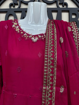 Luxury deep pink 3 piece embroidered maxi dress with matching trousers and embellished dupatta by Maryam Qasim Boutique, elegant Pakistani formal wear for weddings, Eid, parties, and festive occasions in Canada