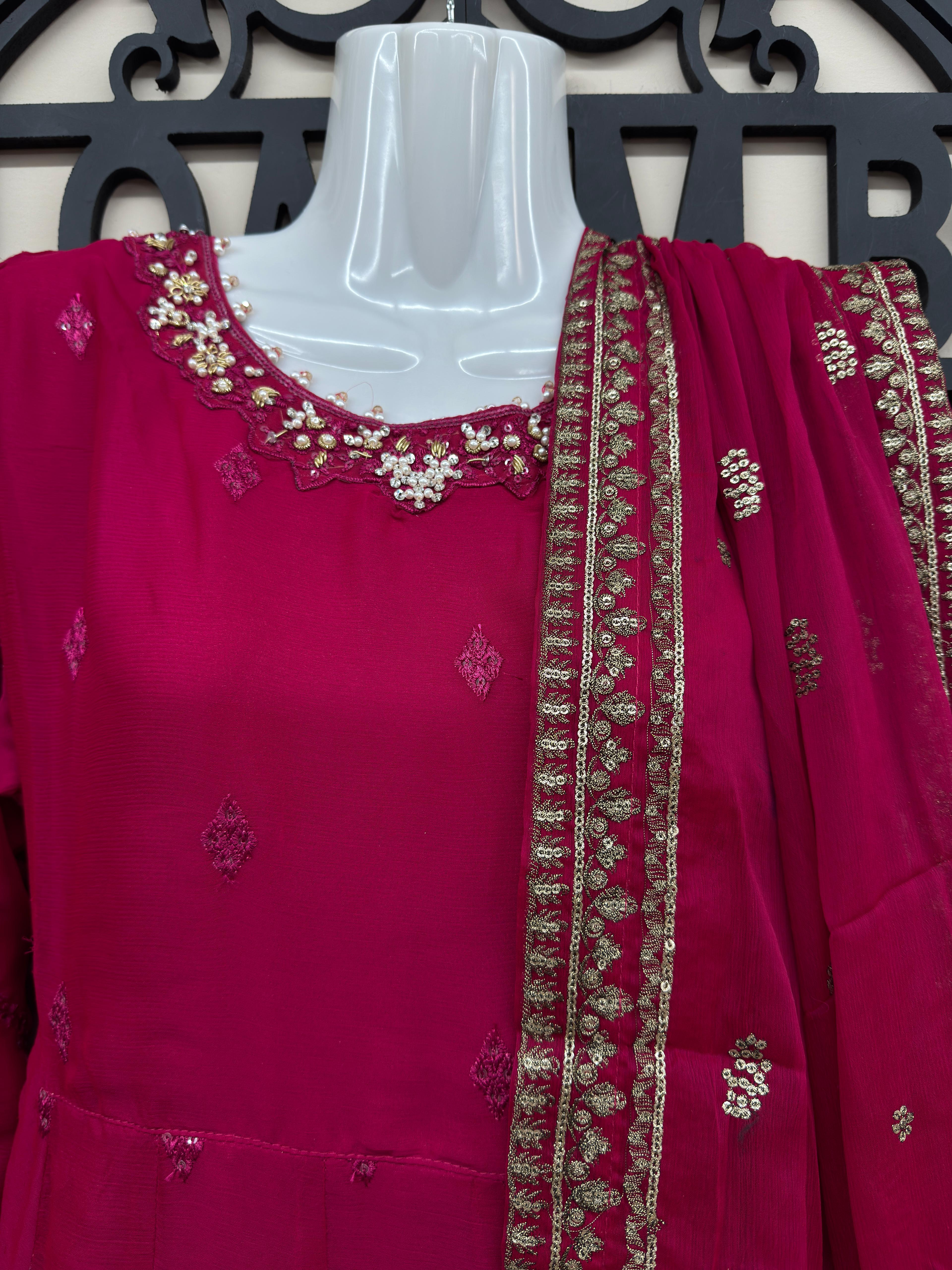 Luxury deep pink 3 piece embroidered maxi dress with matching trousers and embellished dupatta by Maryam Qasim Boutique, elegant Pakistani formal wear for weddings, Eid, parties, and festive occasions in Canada