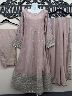 Luxury dusty rose 3 piece embroidered maxi dress with matching trousers and embellished dupatta by Maryam Qasim Boutique.