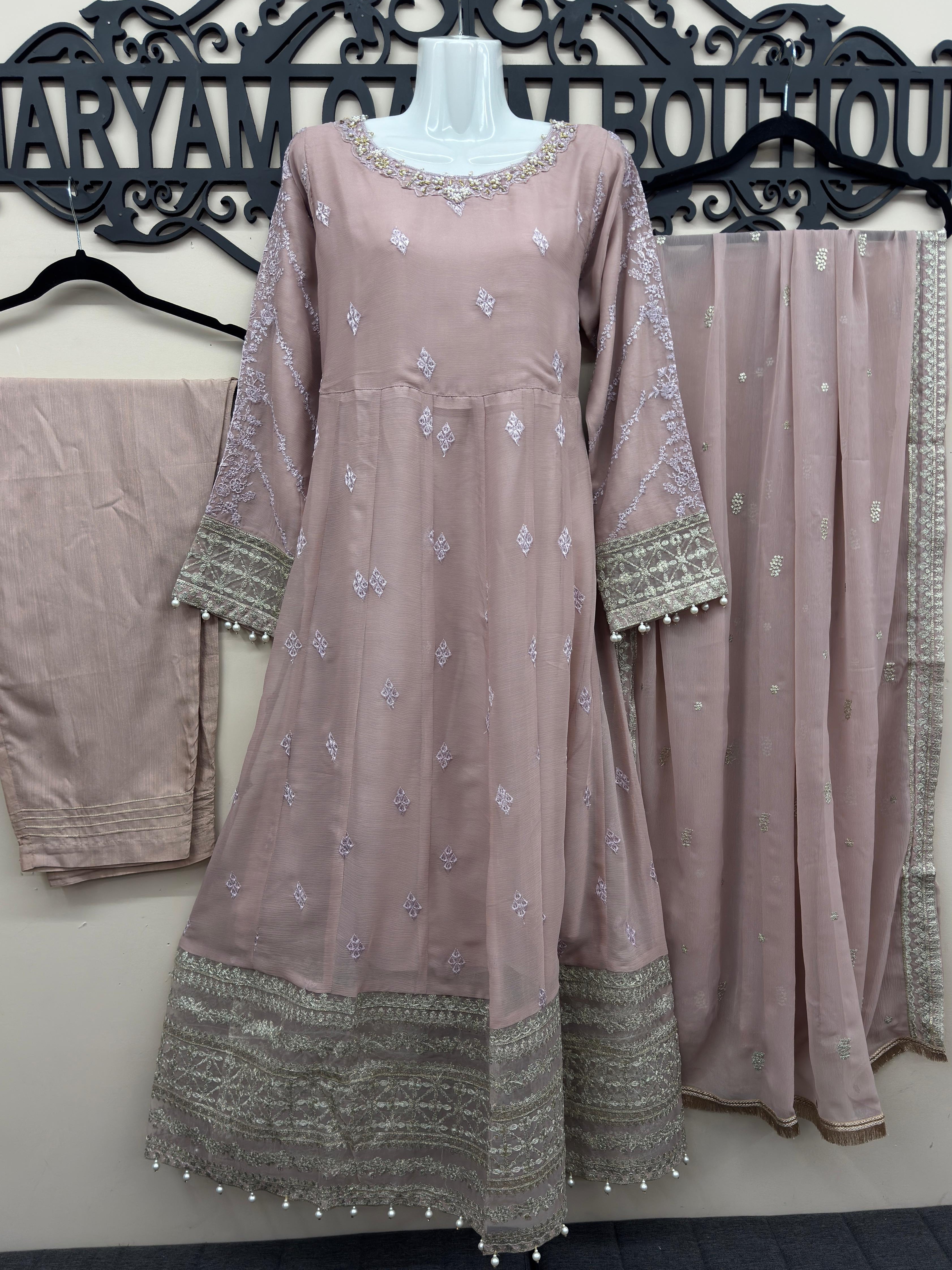 Luxury dusty rose 3 piece embroidered maxi dress with matching trousers and embellished dupatta by Maryam Qasim Boutique.