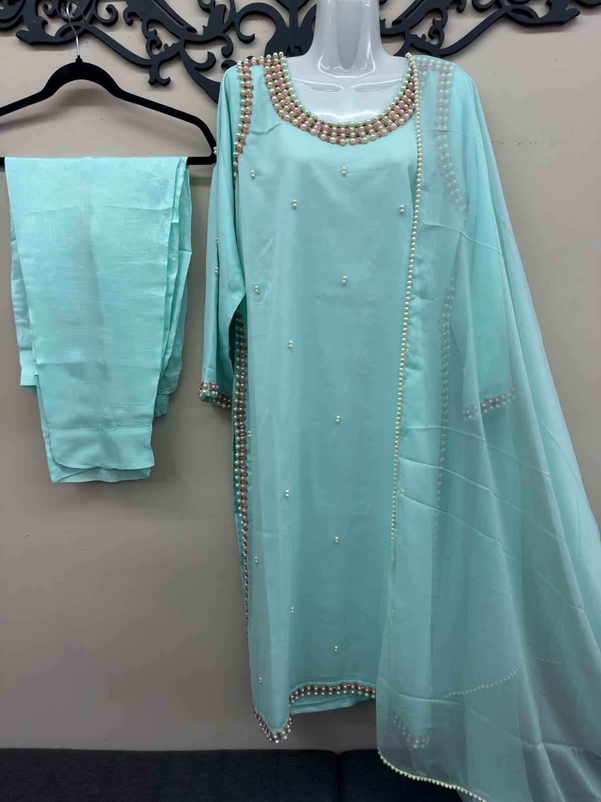 Maryam Qasim Boutique Aqua Blue Chiffon Handwork 3 Piece Dress