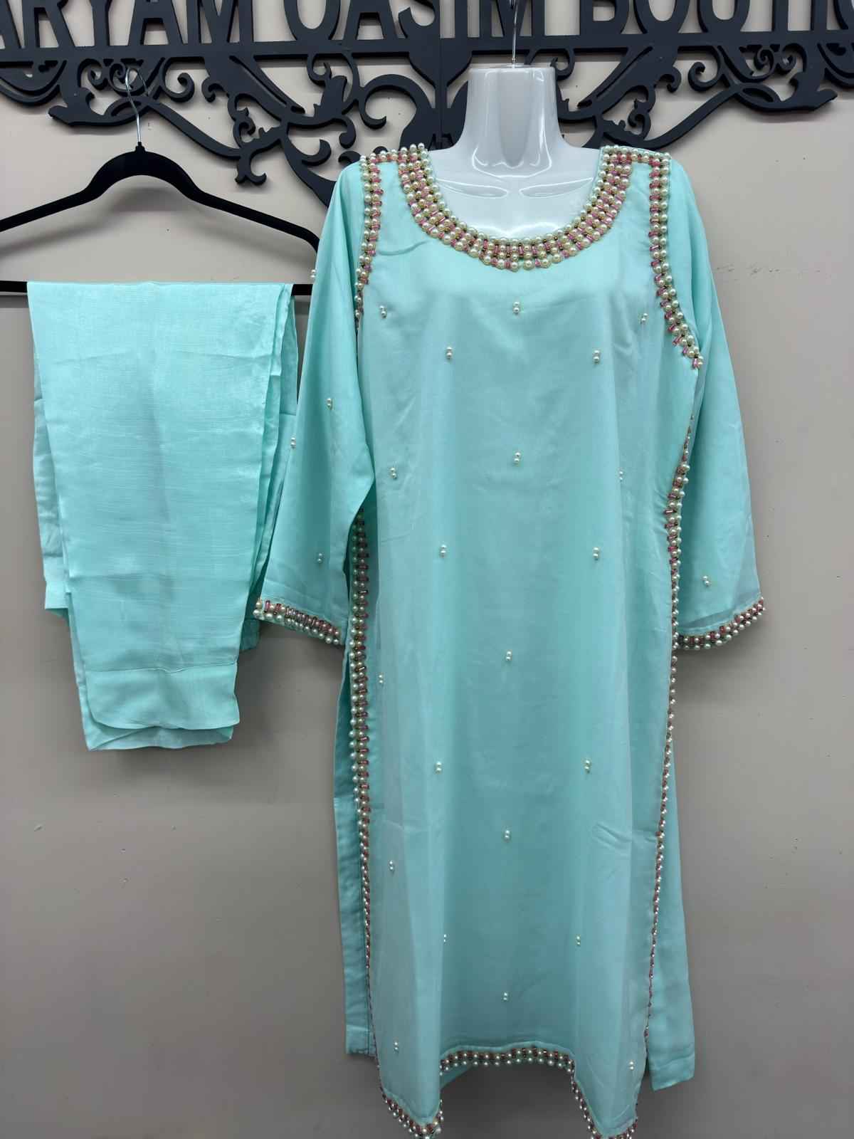 Maryam Qasim Boutique Aqua Blue Chiffon Handwork 3 Piece Dress in canada calgary