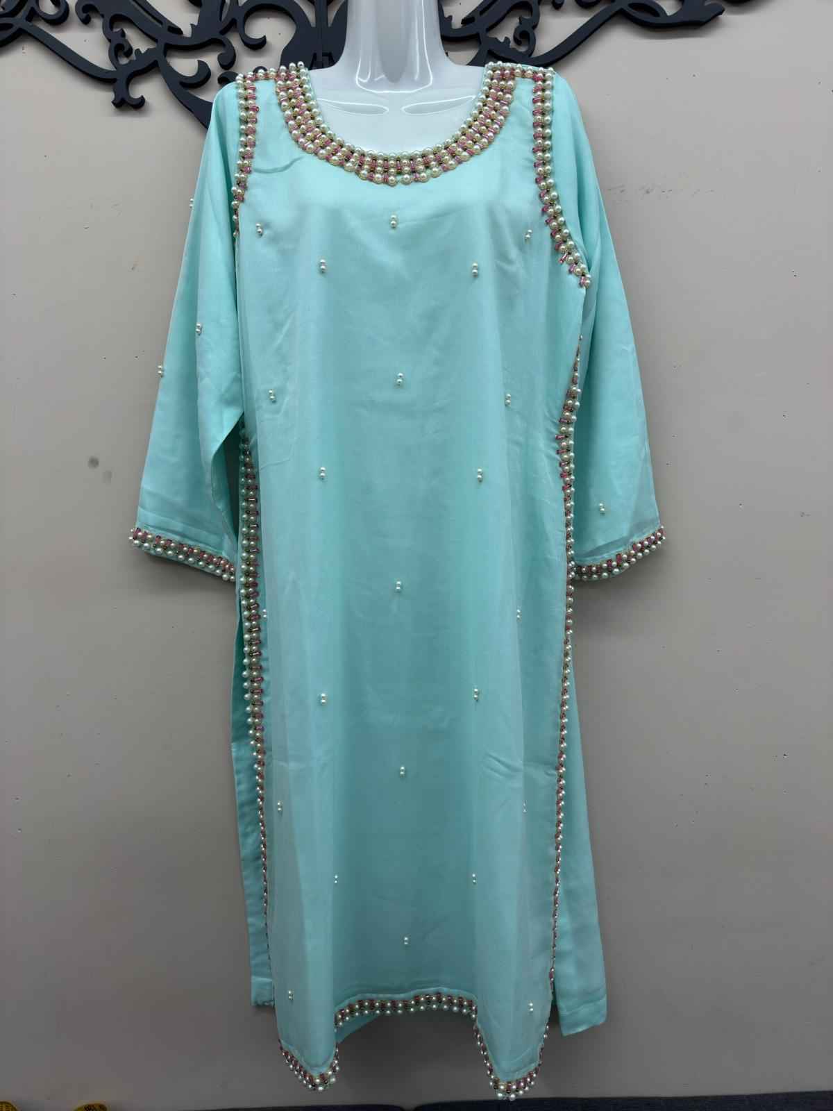 Maryam Qasim Boutique Aqua Blue Chiffon Handwork 3 Piece Dress