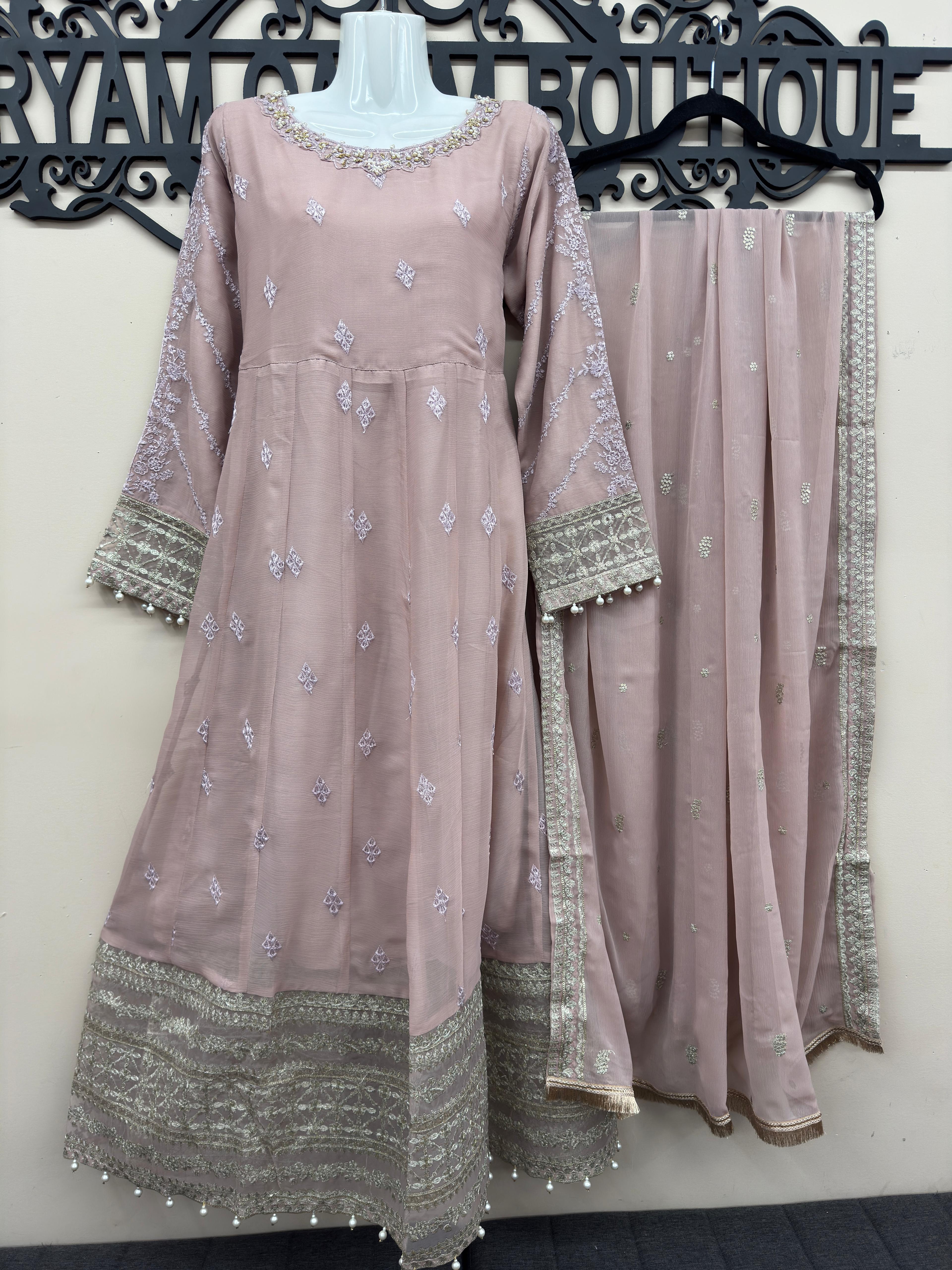 Maryam Qasim Boutique luxury dusty rose embroidered maxi suit featuring embellished neckline, matching trousers, and fancy dupatta.