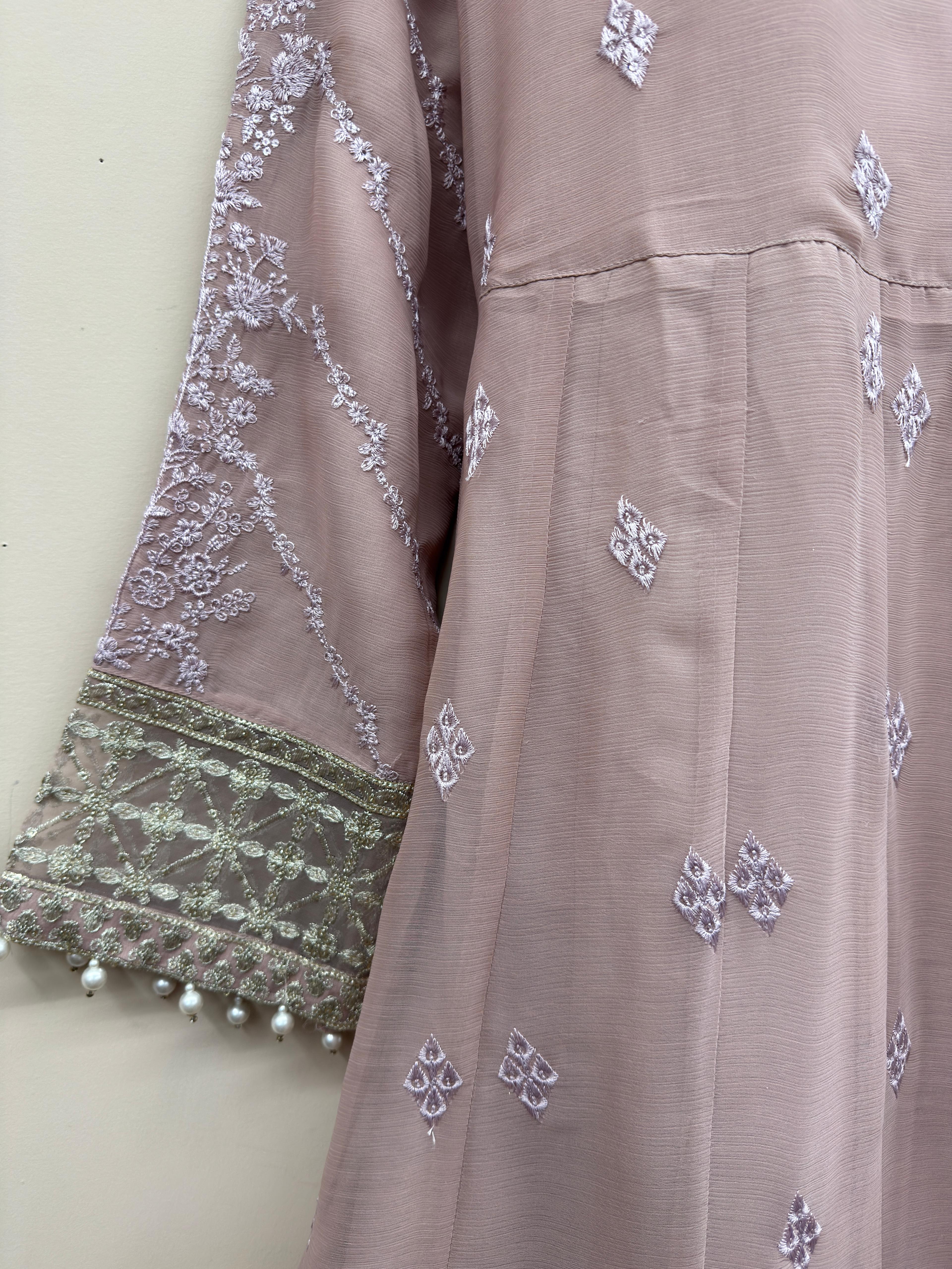 Maryam Qasim Boutique luxury dusty rose embroidered maxi suit featuring embellished neckline, matching trousers, and fancy dupatta.