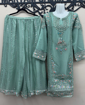 Mint green chiffon embroidered shirt with matching trousers