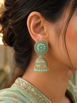 Mint green floral traditional jhumki earrings for women