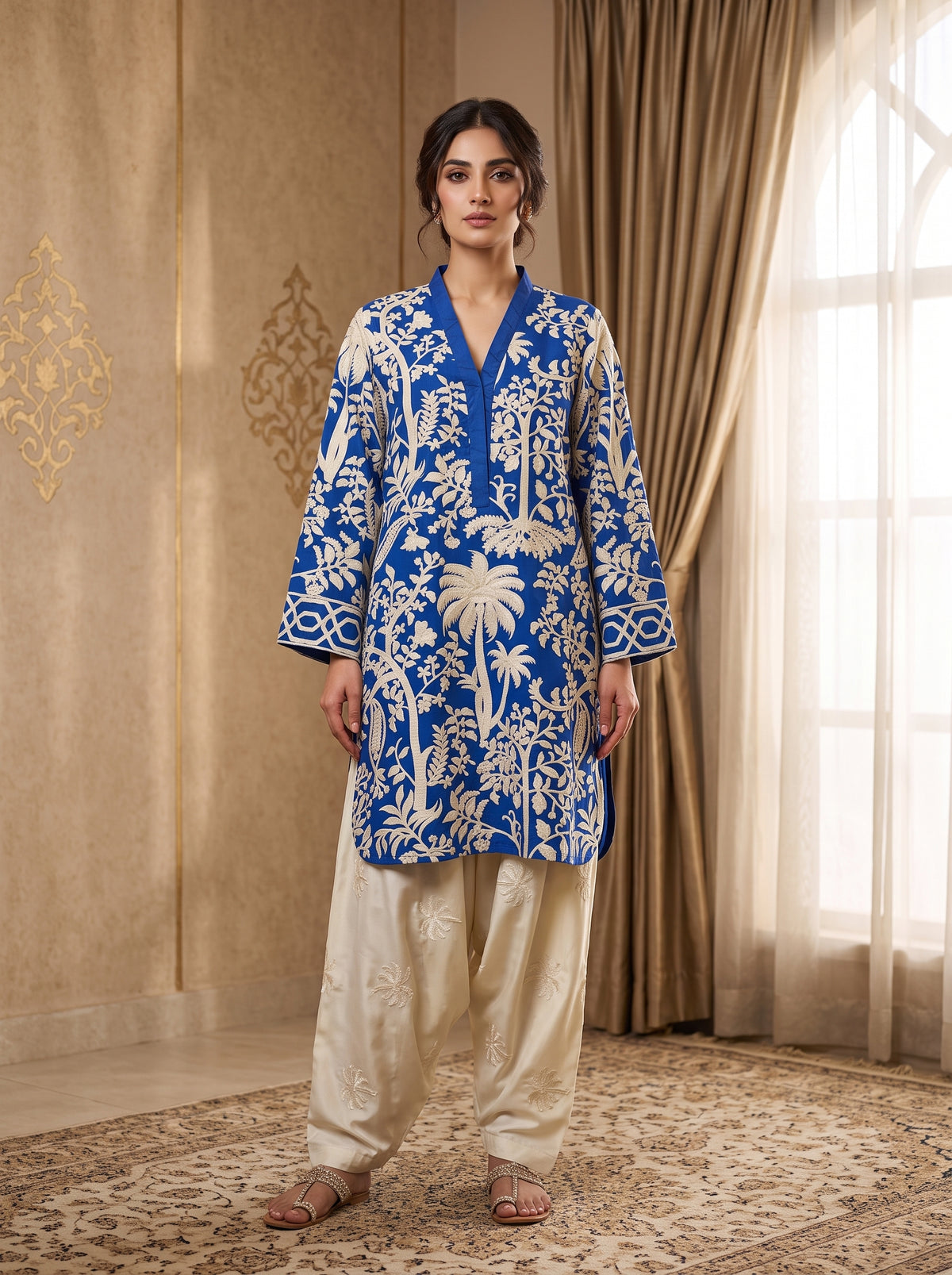 Blue Embroidered Vescos 2-Piece Cord Set with Farshi Shalwar