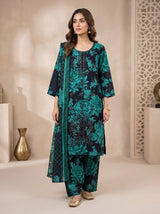 Navy Blue chiken kari Teal Floral Embroidered Lawn 3 Piece Suit with Dupatta