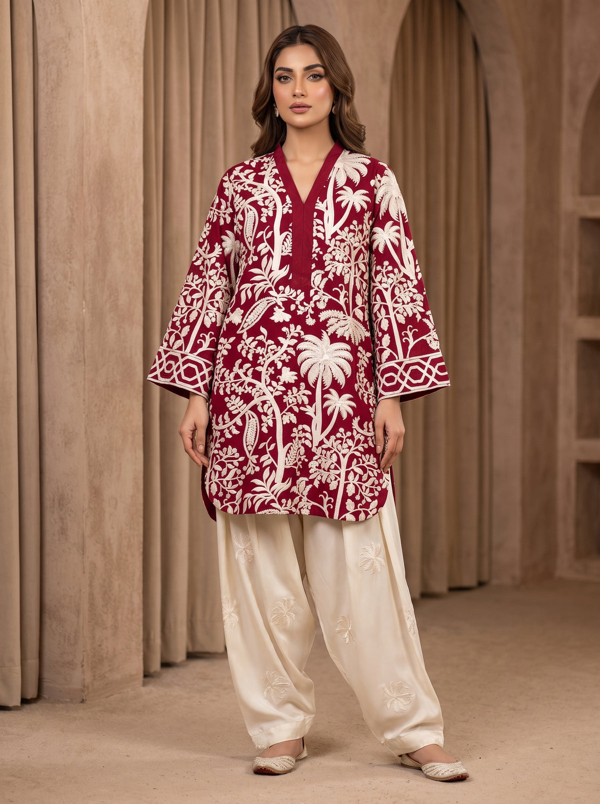 Maroon Embroidered Vescos 2-Piece Cord Set with Farshi Shalwar